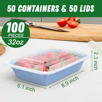 50 Pack (100-Piece) 32 oz Meal Prep Containers Reusable with Easy Open Lids, Sturdy Leakproof Food Safe, Microwave Freezer Dishwasher Safe, To Go Take Out Plastic Food Storage Pans with Lids, Black