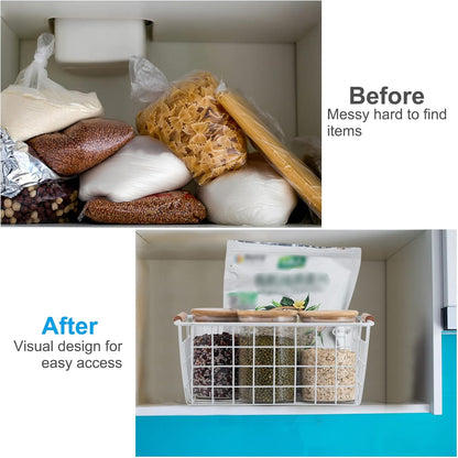 Black Wire Storage Baskets with Wooden Handles - Organizing Pantry and Kitchen Cabinets - Metal Wire Food Storage Basket