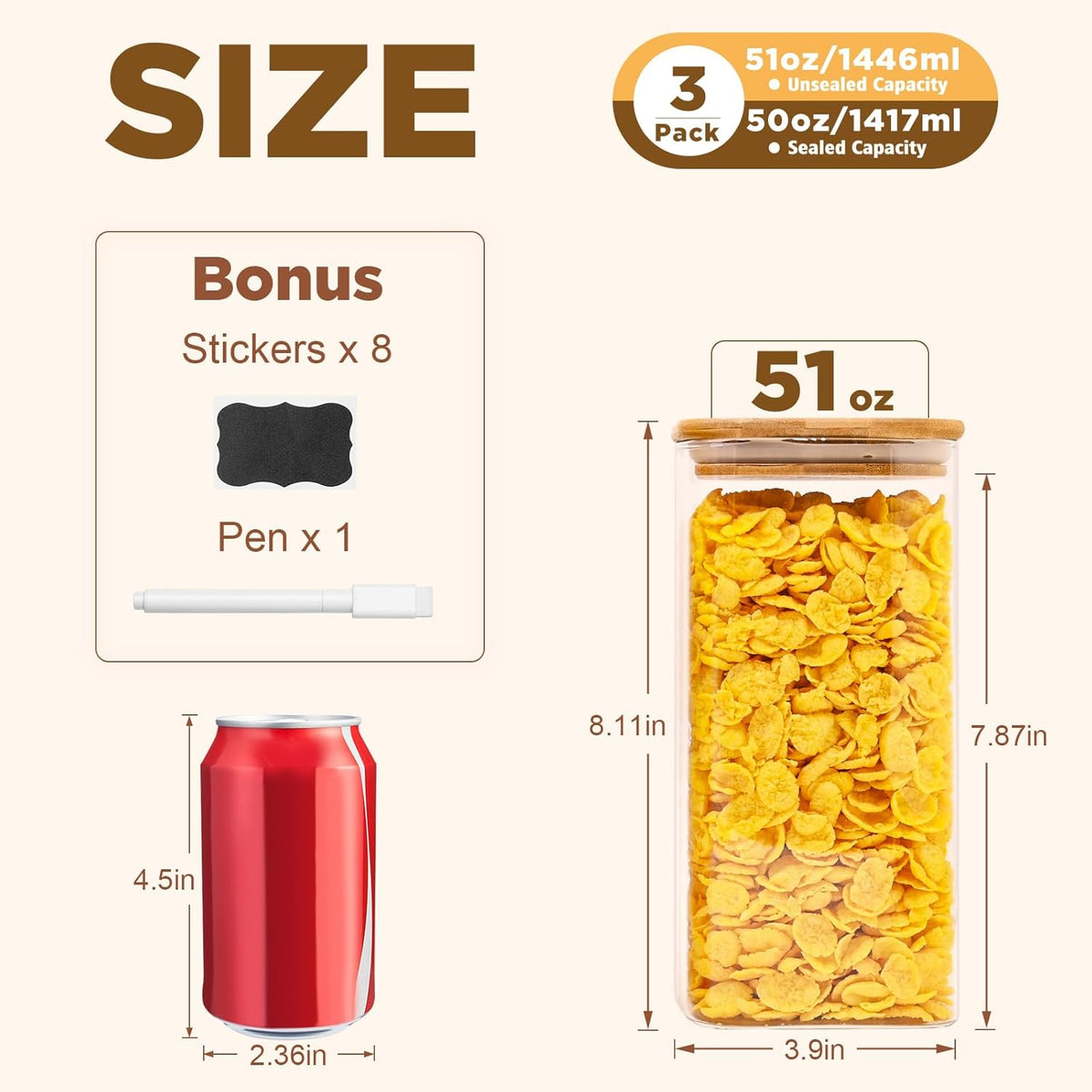 SHOWIN Glass Food Storage Jars Square 37oz, 4 Pack Glass Jars With Bamboo Lids, Kitchen Storage Containers For Spice, Candy, Cookie, Storage For Pantry Organizers