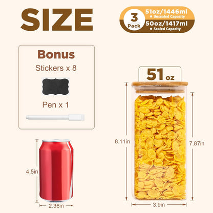 SHOWIN Glass Food Storage Jars Square 37oz, 4 Pack Glass Jars With Bamboo Lids, Kitchen Storage Containers For Spice, Candy, Cookie, Storage For Pantry Organizers