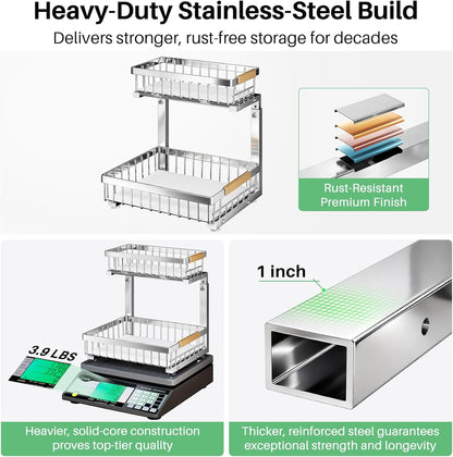 Kitstorack Under Sink Organizer, 2 Tier Under the Sink Storage, Slide out Pull out Cabinet Organizer Shelf, Metal Sliding Drawer for Kitchen Bathroom Pantry Closet Organization Rack, Black