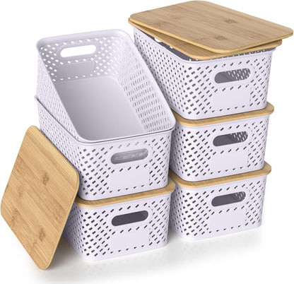 Plastic Storage Bins with Bamboo Lids, Stackable Small Box Baskets for Organizing and Containers for Shelves Drawers Desktop Closet Pantry Classroom Office Home, 6 Pack 10.2x7.2x4.1 Inch, Black