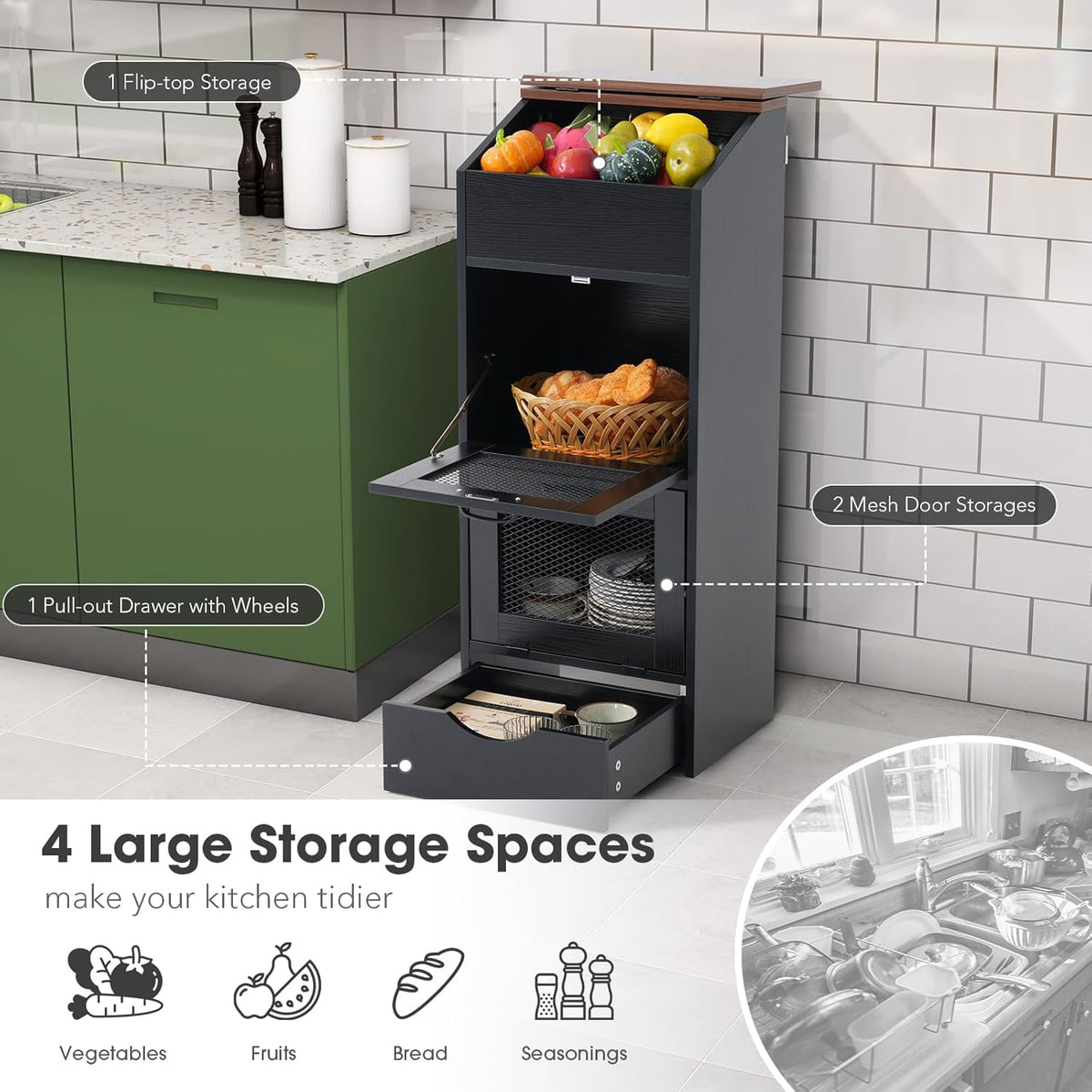 Patiorama Wood Potato and Onion Storage Bin Box with Lid, 4-Tier Farmhouse Wooden Bread Box Cabinet with 2 Mesh Doors & Rolling Drawer, Large Vegetable Storage Bin Organizer for Kitchen Pantry White