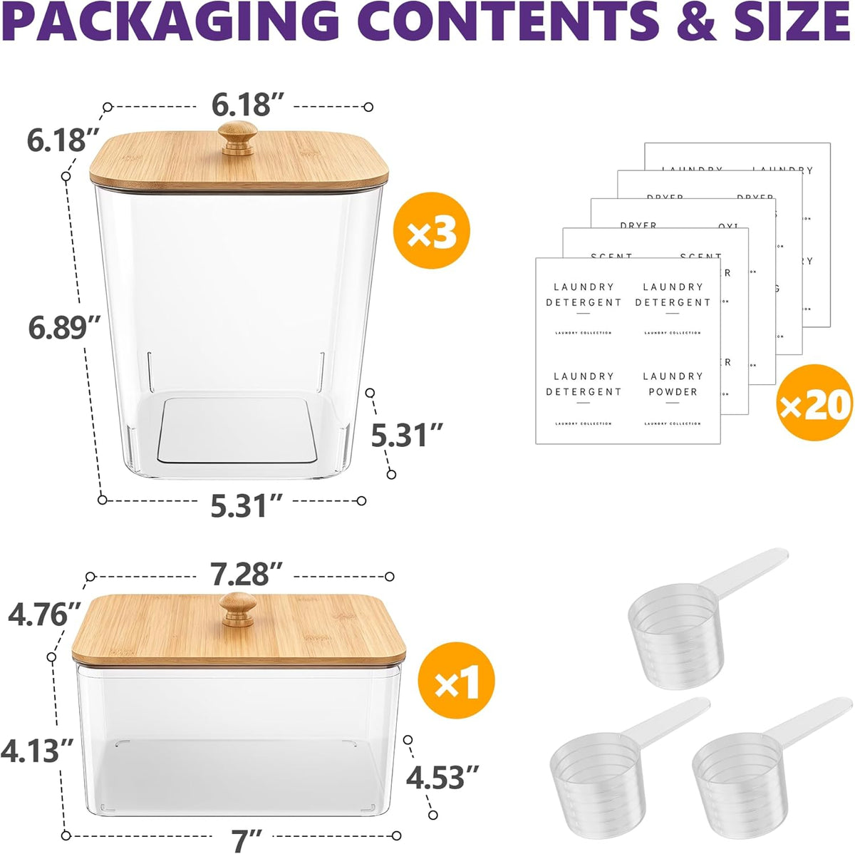 4 Pack Laundry Pods Container, Clear Laundry Room Organization Containers Essentials, Large Detergent Powder Storage Containers Black Wooden Lids & Labels Signs, Home Acrylic Laundry Pods Holder
