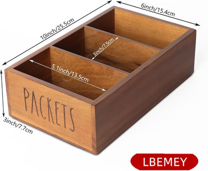 LBEMEY Packet Organizer, Acacia Wood Packet Storage Organizer with 3 Compartments,Farmhouse Kitchen Organization for Spice, Gravy, Taco, and Dressings Packets for Kitchen, Brown Labeled Packets