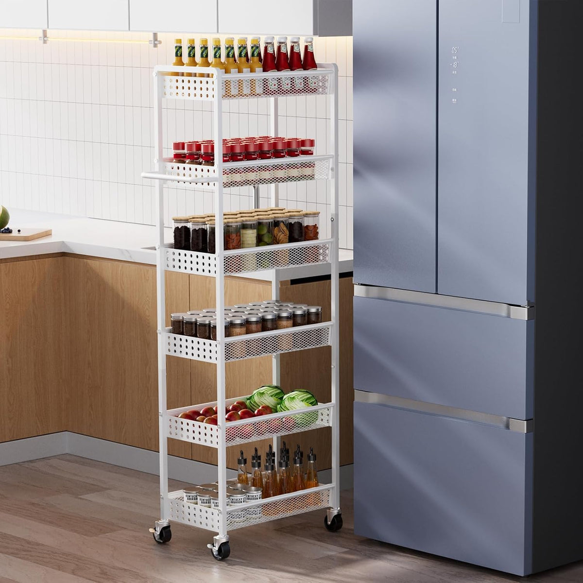 5 Tier Kitchen Storage Cart with Wheels, Utility Fruit Vegetable Storage Rack Stand with Pull-Out Baskets & Wood Top, Metal 4-Drawers Rolling Snack Cart, Kitchen Cart for Potato Onion(Black)