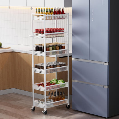 5 Tier Kitchen Storage Cart with Wheels, Utility Fruit Vegetable Storage Rack Stand with Pull-Out Baskets & Wood Top, Metal 4-Drawers Rolling Snack Cart, Kitchen Cart for Potato Onion(Black)