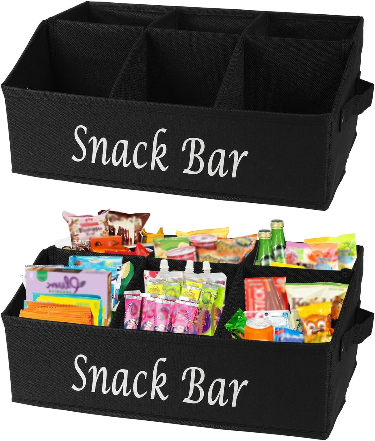 Snack Organizer for Countertop, Trapezoid Fabric Snack Bin Holder with Side Handles, 6 Compartment Snack Basket Container, Lightweight Snack Bar Station Organizer, Kitchen Pantry Storage-Black