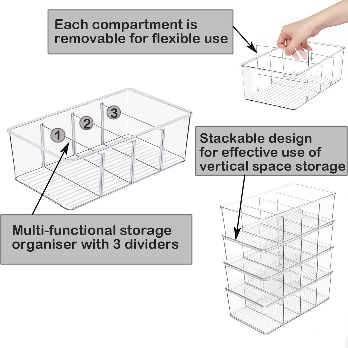 5 Pack Storage Organizer Bins, Plastic Desk Storage Bins Food Storage Organizer with 4 Slots for Pantry, Kitchen, Fridge, Cabinet Packets, Snacks, Pouches, Spice Packets