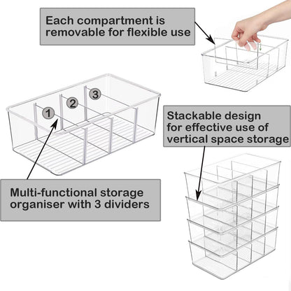 5 Pack Storage Organizer Bins, Plastic Desk Storage Bins Food Storage Organizer with 4 Slots for Pantry, Kitchen, Fridge, Cabinet Packets, Snacks, Pouches, Spice Packets