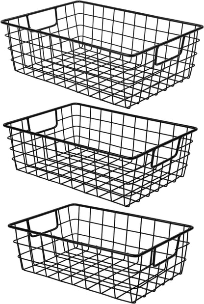 3 Pack Extra Large Wire Basket with Metal Handles, Metal Basket for organizers and storage, Wire Storage Baskets for Pantry, Cabinet, Fridge, Kitchen, Wardrobe, Garage, Bathroom, Black