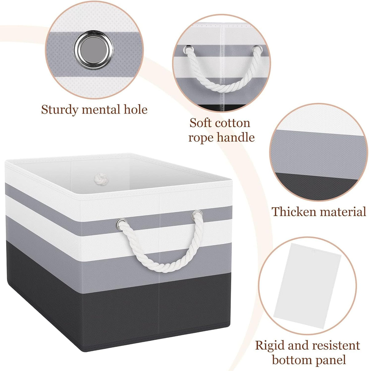 Fab totes Storage Bins, Foldable Storage Baskets for Organizing Toys, Books, Shelves, Closet, Large Storage Box with Rope Handles, Sturdy Organizer Bins, White & Grey