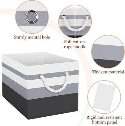 Fab totes Storage Bins, Foldable Storage Baskets for Organizing Toys, Books, Shelves, Closet, Large Storage Box with Rope Handles, Sturdy Organizer Bins, White & Grey