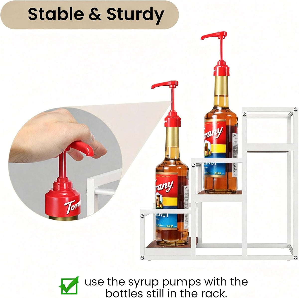 THYGIFTREE Coffee Syrup Rack Organizer 2-Tier 10 Syrup Bottles Holder Stand Metal with Wood Base for Coffee Bar Storage Shelves for Kitchen Countertop Matte Black