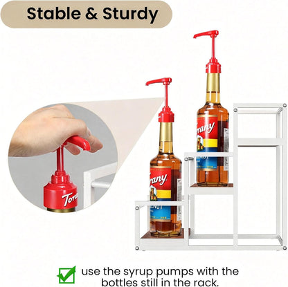 THYGIFTREE Coffee Syrup Rack Organizer 2-Tier 10 Syrup Bottles Holder Stand Metal with Wood Base for Coffee Bar Storage Shelves for Kitchen Countertop Matte Black