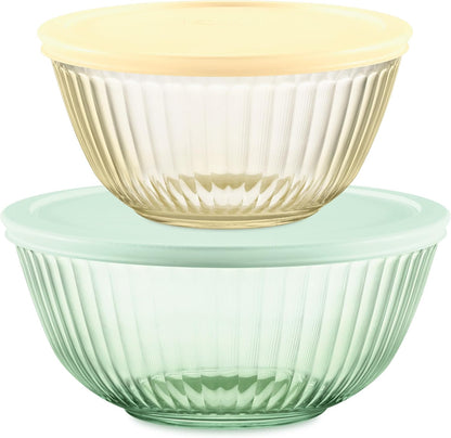Pyrex Colors Tinted (Full Set) Sculpted Tinted Glass Mixing Bowls With Plastic Lids, Nesting Space Saving Set of Bowls For Prepping and Baking, 1.3QT, 2.3QT & 4.5QT