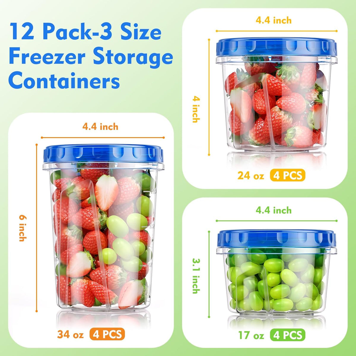 BiuLeon 12 Pack- 34/24/17oz Freezer Storage Containers, Plastic Food Storage Containers with Twist Top Lids, BPA Free and Reusable Soup Containers with Lids, Leakproof/Microwave/Dishwasher Safe