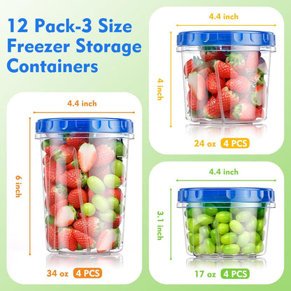 BiuLeon 12 Pack- 34/24/17oz Freezer Storage Containers, Plastic Food Storage Containers with Twist Top Lids, BPA Free and Reusable Soup Containers with Lids, Leakproof/Microwave/Dishwasher Safe