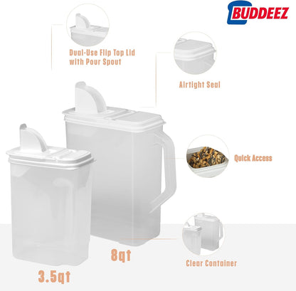 Buddeez Pet Food Storage Containers - 2 Count Bird Seed Dispenser with Pour Tight Lids and Easy Pour Spouts, 8 Qt and 3.5 Qt, Bird Seed Storage for Small and Large Feed, BPA Free