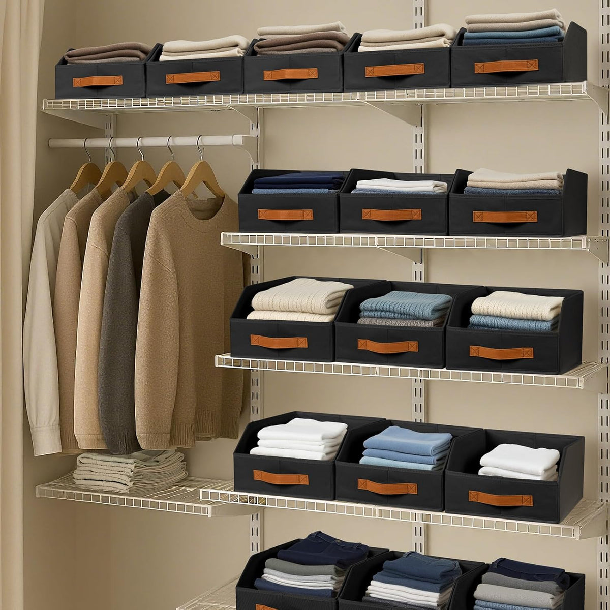Homsorout Fabric Storage Bins for Organizing - Large Trapezoid Collapsible Storage Bins with Front Handle, Closet Organizers and Storage for Bedroom, Home Shelves, Small Spaces, Beige