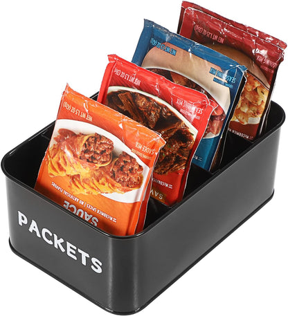 BSTKEY Seasoning Packet Organizer, Food Storage Organizer with Divided 4 Compartments, Metal Storage Caddy for Kitchen Pantry Cabinet, Kitchen Organization Bin for Snacks Spice Packets, Black
