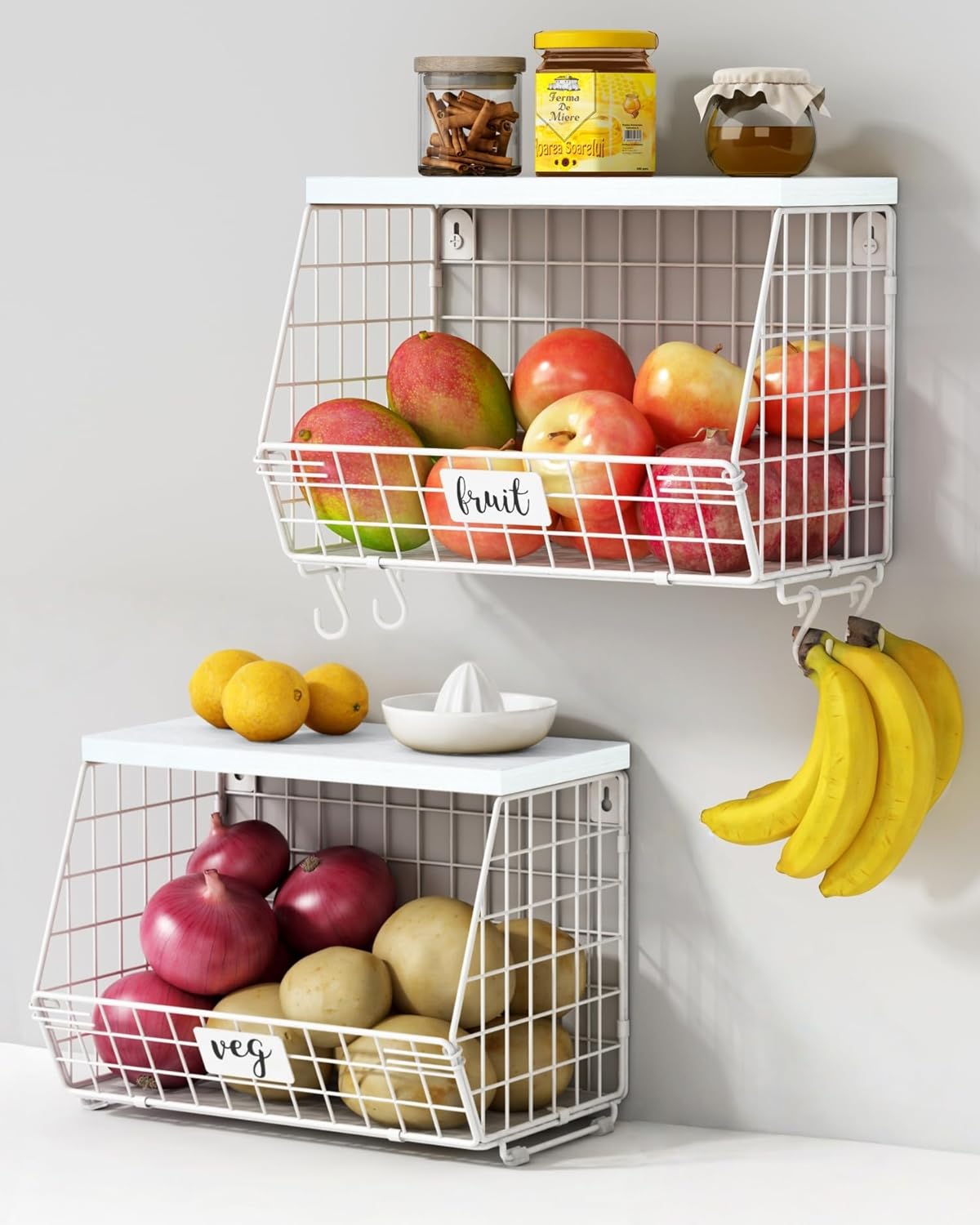 Goozii Hanging Wall Fruit Basket for Kitchen Counter 2 Pack, Stackable Wire Baskets for Organizing with Wood Lid, Potato and Onion Storage Bin with Banana Hook for Vegetable Produce, Black + Rustic