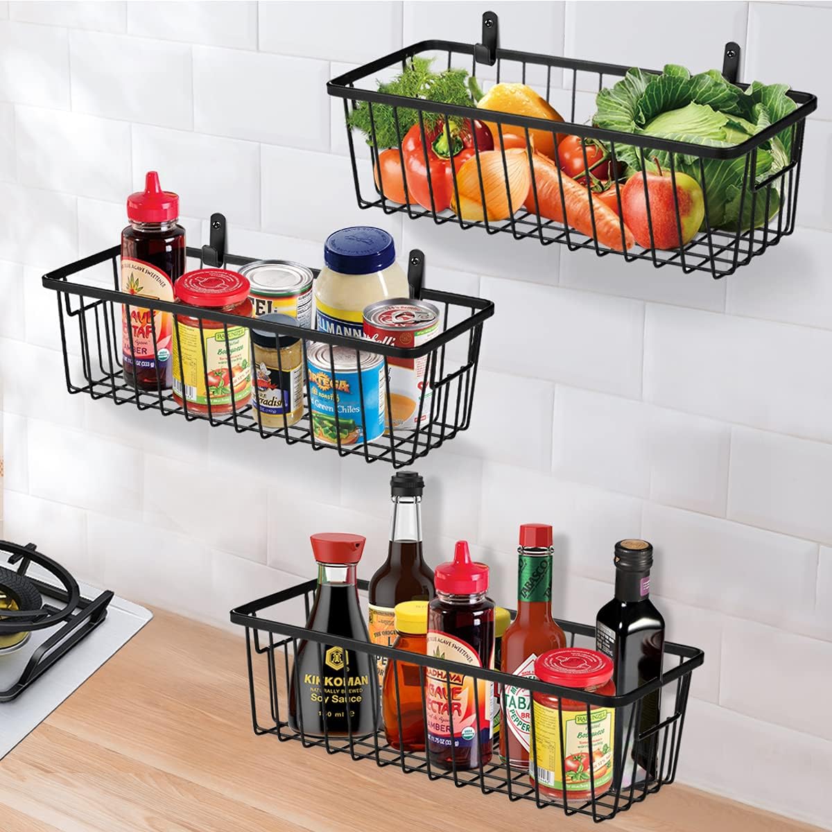 SheeChung Farmhouse Metal Wire Bin Basket with Wall Mount - Small, - Portable Hanging Wall Basket, Rustic Home Storage Organizer for Cabinets, Pantry, Closets, Bathroom, Kitchen,Bedroom(Black)