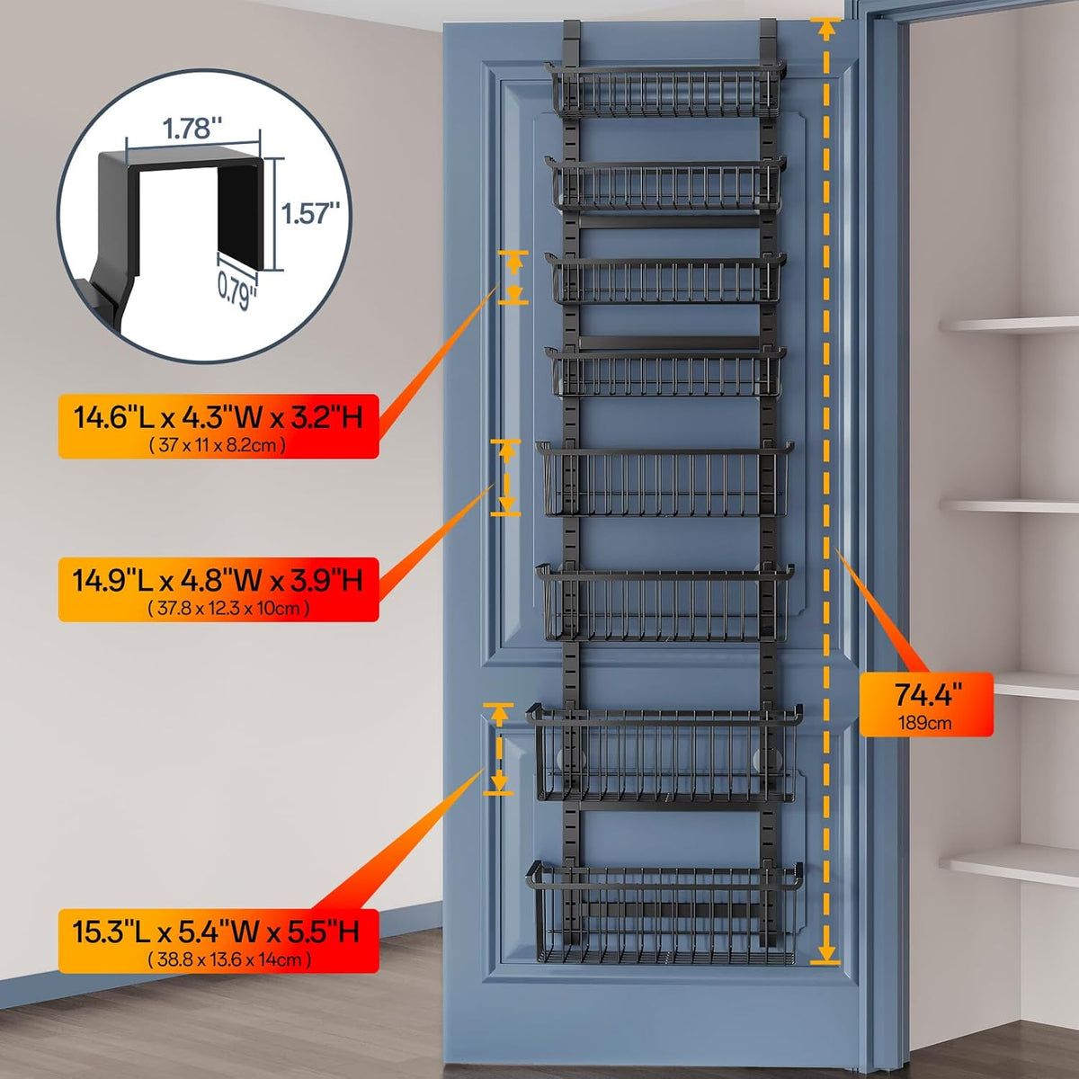 Over The Door Pantry Organizer, 8-Tier Over The Door Organizer with Adjustable Baskets, Metal Hanging Spice Rack for Pantry Organizers and Storage, Suitable for Kitchen Laundry Room & Bathroom, White