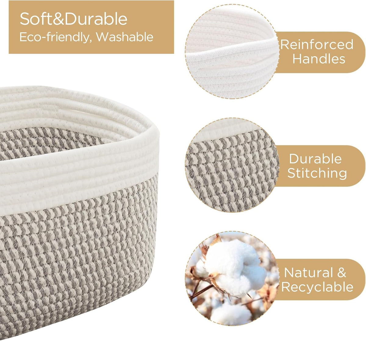 R RUNKA Small Cotton Rope Basket – Storage Bin for Organizing (10.6" x 6.7" x 6.7"), Bathroom Storage Basket for Shelf, Counter & Closet（Beige）