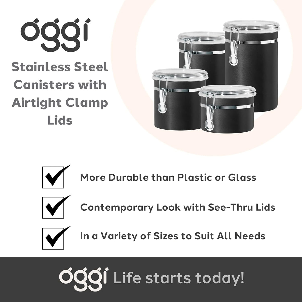 Oggi Stainless Steel Kitchen Canister 152 fl oz - Airtight Clamp Lid, Clear See-Thru Top - Ideal for Kitchen Storage, Food Storage, Pantry Storage. Jumbo Size 8" x 8".