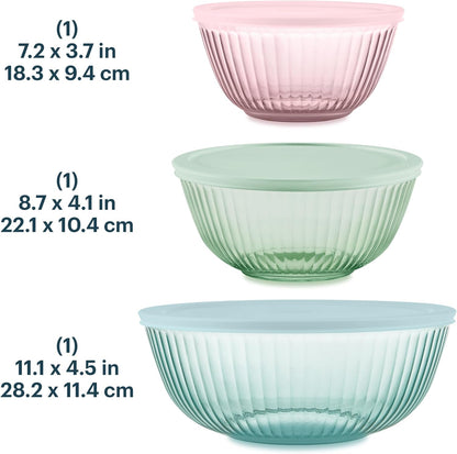 Pyrex Colors Tinted (Full Set) Sculpted Tinted Glass Mixing Bowls With Plastic Lids, Nesting Space Saving Set of Bowls For Prepping and Baking, 1.3QT, 2.3QT & 4.5QT
