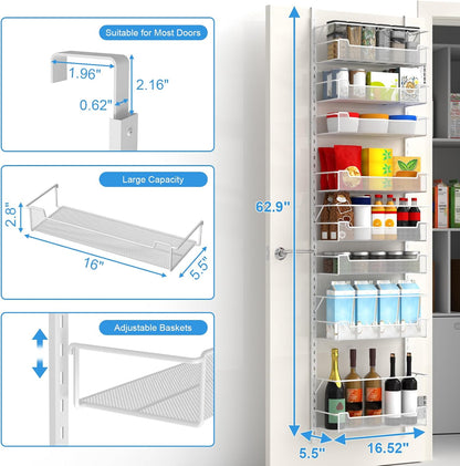 VyGrow 12.3" W Narrow Over the Door Pantry Organizer, 6-Tier Over the Door Organizer with Adjustable Basket, Pantry Door Organization for Pantry Kitchen Storage Room Spice Rack, White