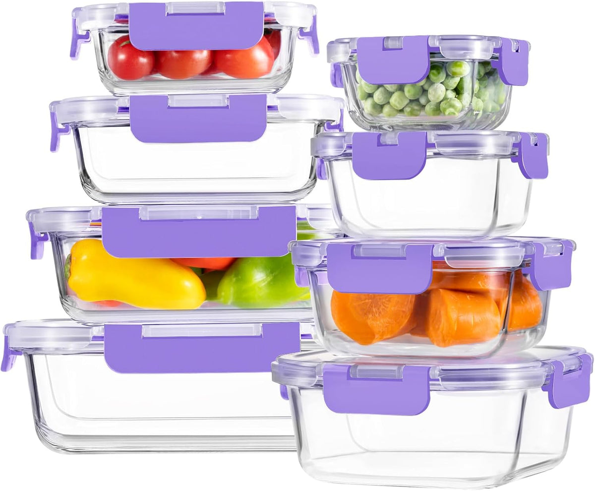 8 Pack Borosilicate Glass Food Storage Containers with Lids, Glass Meal Prep Containers, Airtight Bento Lunch Boxes with Snap Locks, Oven, Freezer and Dishwasher Safe, BPA Free, Kitchen Storage Set