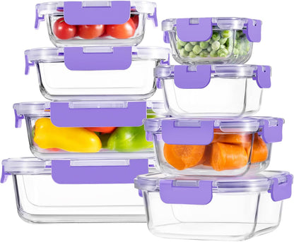 8 Pack Borosilicate Glass Food Storage Containers with Lids, Glass Meal Prep Containers, Airtight Bento Lunch Boxes with Snap Locks, Oven, Freezer and Dishwasher Safe, BPA Free, Kitchen Storage Set