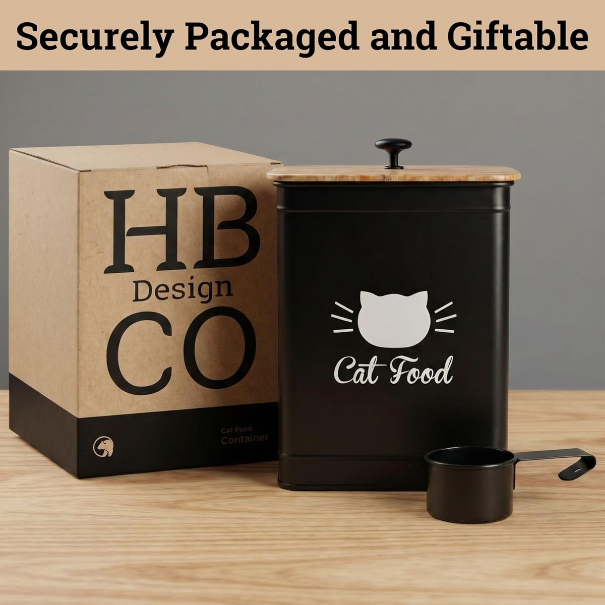 Cat Food Storage Container with Scoop - 5-7 lb (25 Cup) Capacity Metal Cat Food Container with Airtight Bamboo Lid and Metal Scoop - Airtight Pet Food Storage Containers 5 lb - 7 lb Kibble Container