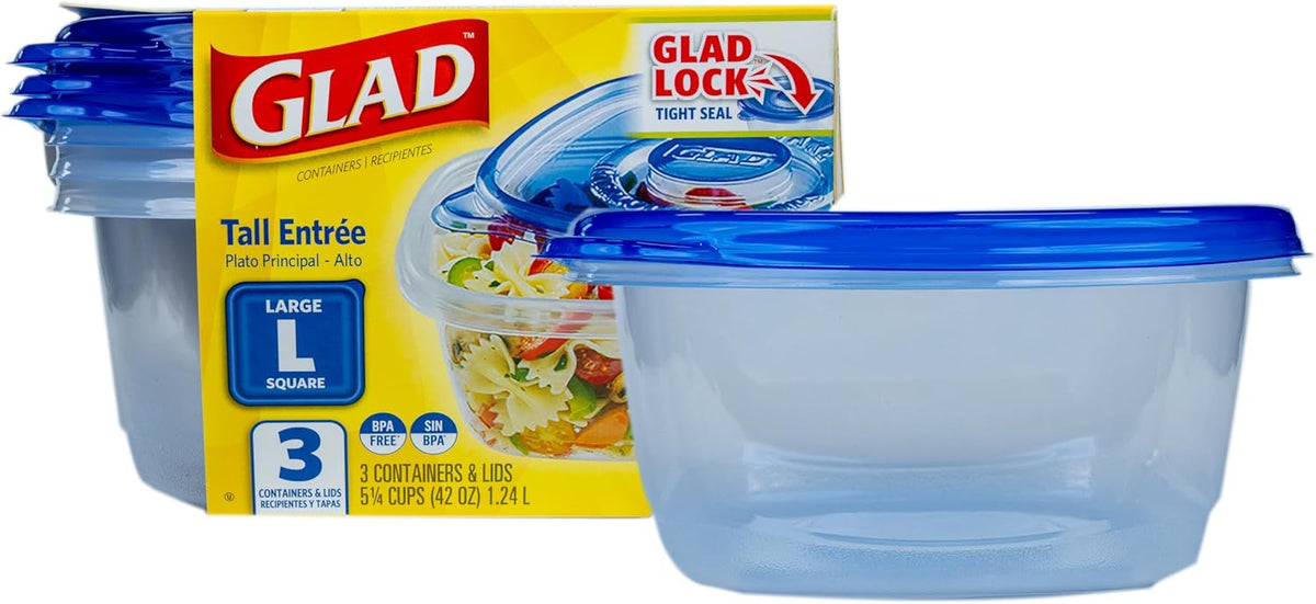 Glad GladWare XL Square Food Storage Containers with Lock Tight Lids, BPA-Free Family Size Plastic Containers for Leftovers, Meal Prep, and Freezer Storage, Dishwasher Safe, 104 Oz