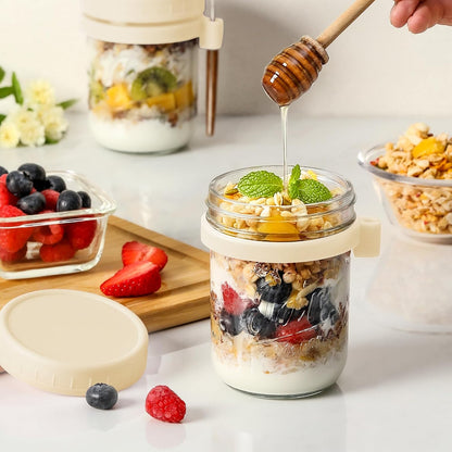 4 Pack Overnight Oats Containers with Lids and Spoons, 16 oz Glass Mason Jars with Airtight Lids, Overnight Oats Jars for Milk, Cereal, Fruit