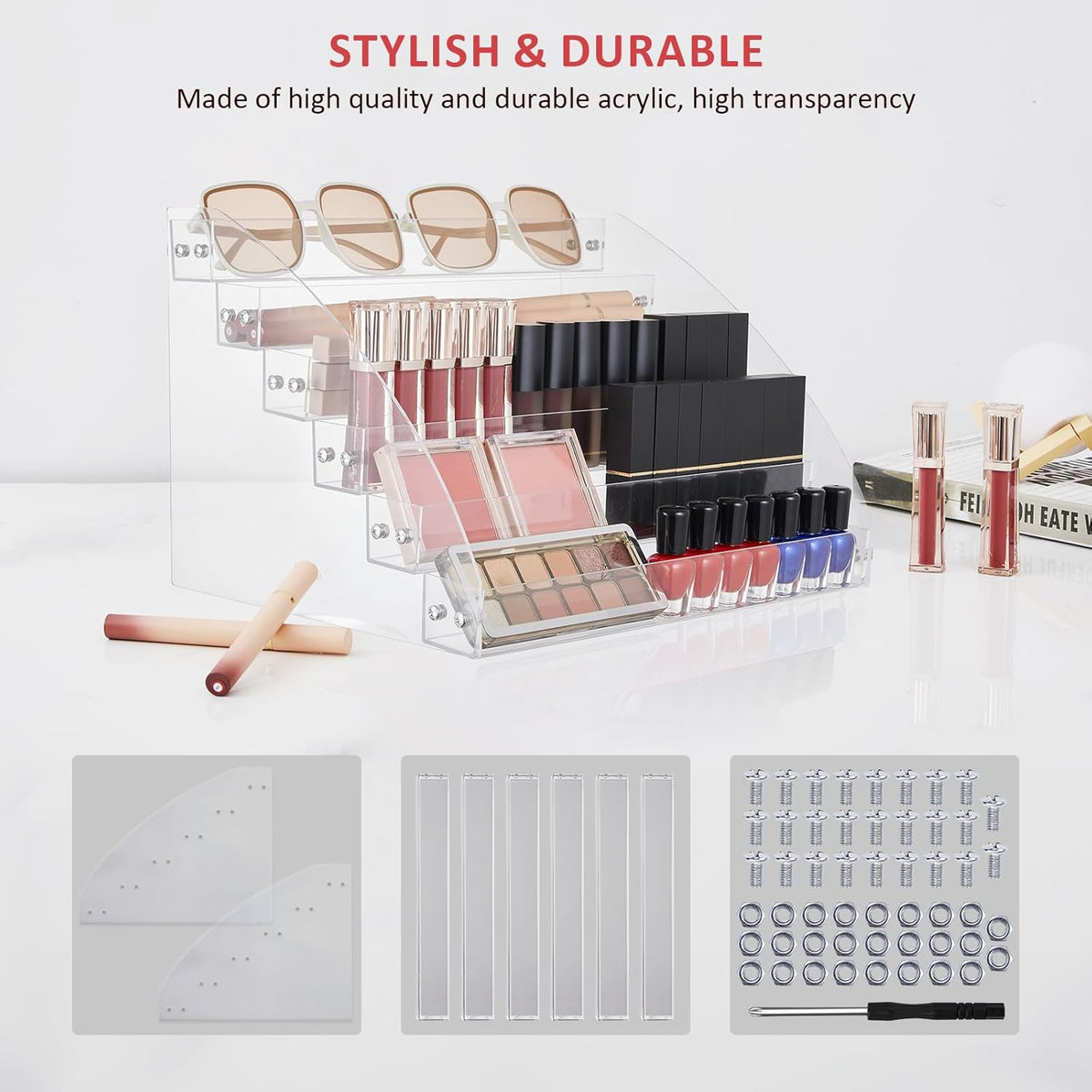 KINGROW Nail Polish Organizer Holder Rack 6 Layers Acrylic Display Shelf For Eyeglasses Essential Oils Ink Storage Holds Up to 96 Bottles (Fit 1-2oz Bottles)
