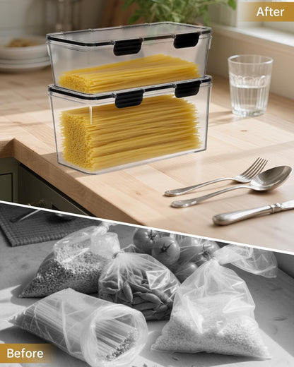 EORTA Set of 2 Spaghetti Pasta Storage Container with Lid, (3.6L/2.8L) Clear Kitchen Pantry Organizer for Noodles, Flour & Dry Food, Plastic Canisters Keeper Box with Black Cover, Size M/L (Black)