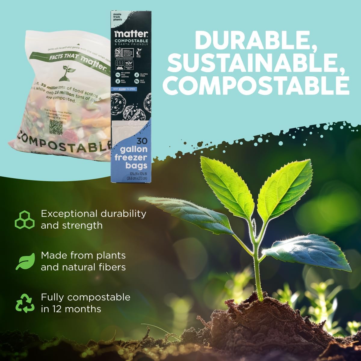 Matter Compostable Assorted Kitchen Bags, 230 Count, Biodegradable, Eco-Friendly Resealable Food Storage Variety Pack, 80 Snack, 80 Sandwich, 50 Quart & 20 Gallon
