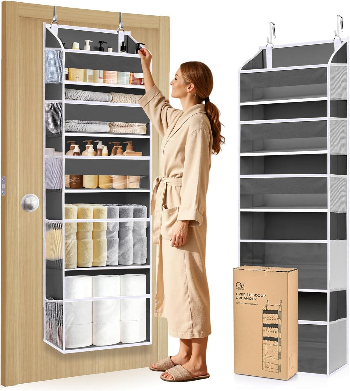5 Tiers Over the Door Organizer with 10 Mesh Side Pockets, 44 lbs Weight Capacity Closet Hanging Storage Organizer with Large Clear Window Kids Toys, Shoes, Diapers, Beige