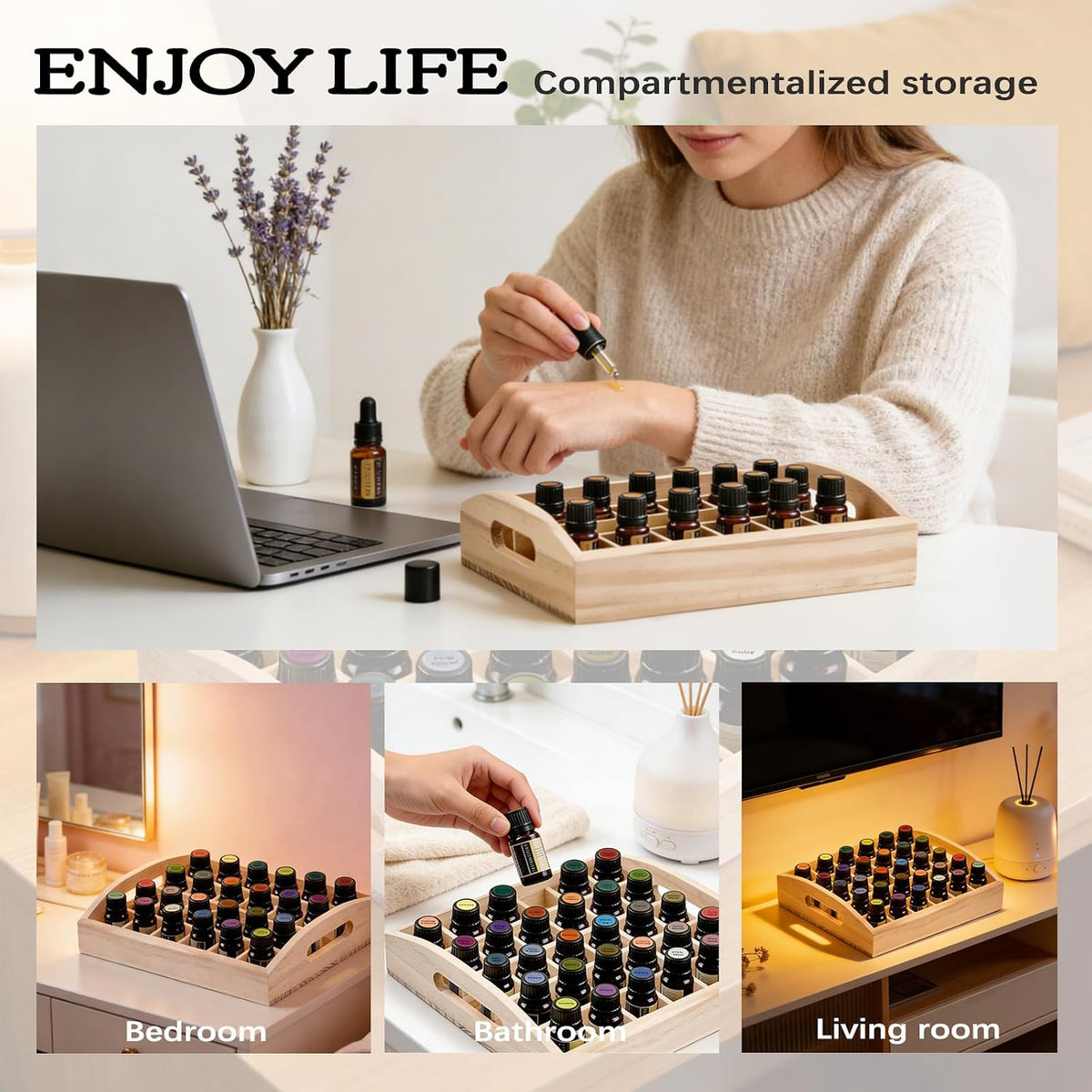 VolksRose 30-Slot Wooden Storage Box - Fits 5-15 ml Bottles, Travel & Presentation Storage, Nail Polish & Perfume Collection