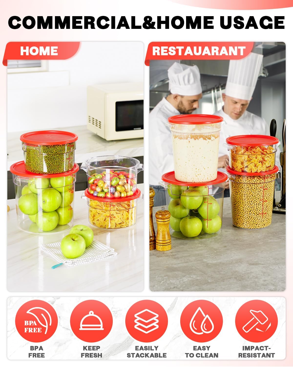 4QT NSF Food Storage Containers: 8 PCS [Food Grade][Hot&Cold Resistant] Commercial Clear Food Storage Containers with Lids for Restaurant Kitchen Proof Dough, Measuring Spoons Included(BPA FREE) - Colors B