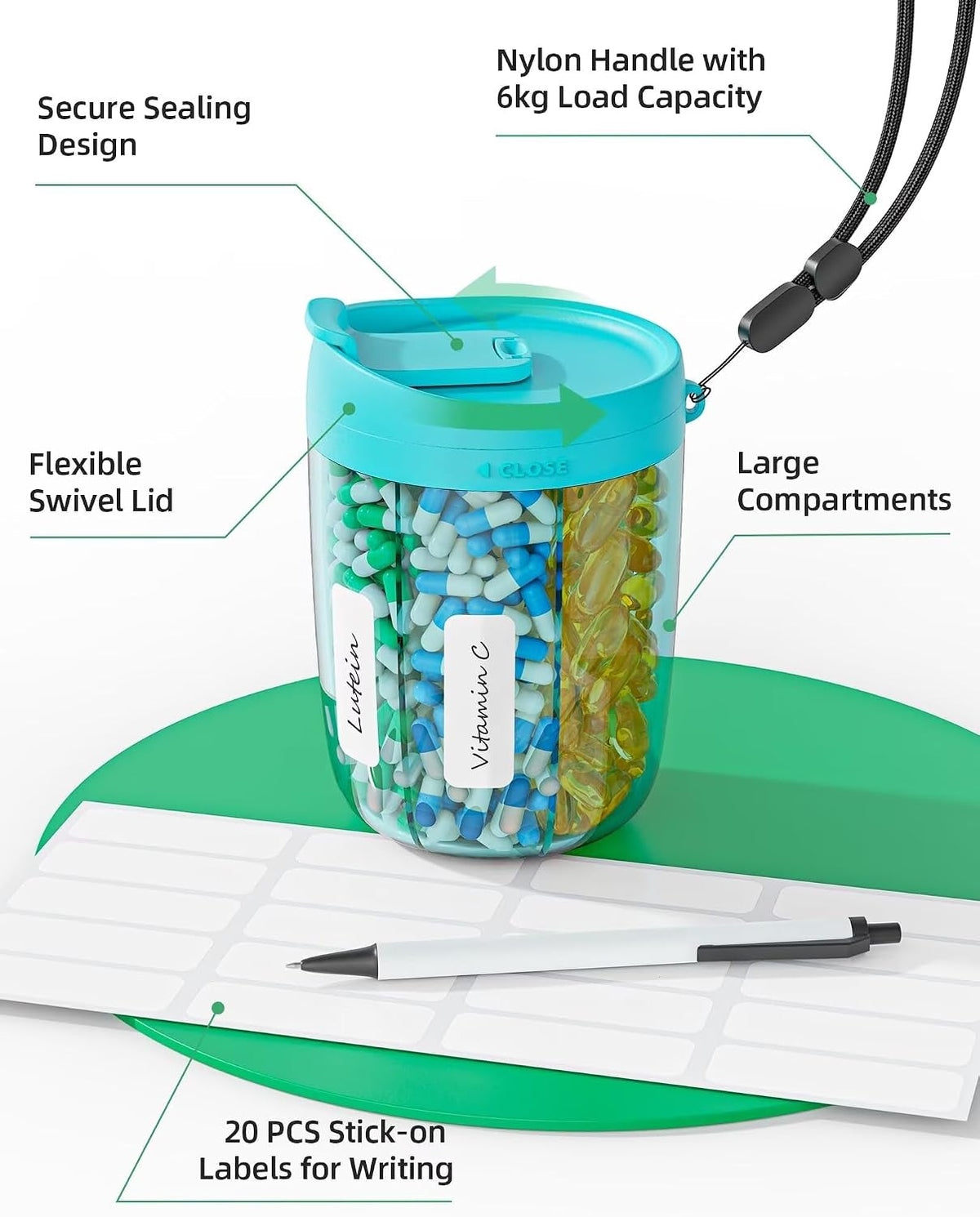 PULIV Large Pill Bottle Organizer for Holding 6 Various Vitamins without Filling Hassle, Supplement Organizer for Travel, Anti-Mixing Pill Box Case with Wide Opening for Easy Pill Retrieval, 20 Labels