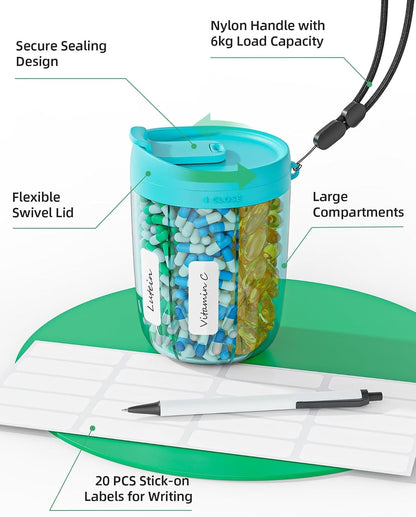 PULIV Large Pill Bottle Organizer for Holding 6 Various Vitamins without Filling Hassle, Supplement Organizer for Travel, Anti-Mixing Pill Box Case with Wide Opening for Easy Pill Retrieval, 20 Labels