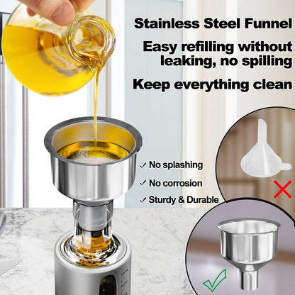 SINYWAY Oil Dispenser Bottle, 4 Pack Glass Olive Oil Dispenser Bottle with Shelf, 17oz/500 ml Oil and Vinegar Dispenser Set Wrapped in Stainless Steel Shell with Pourers, Funnel & Pen and Tags