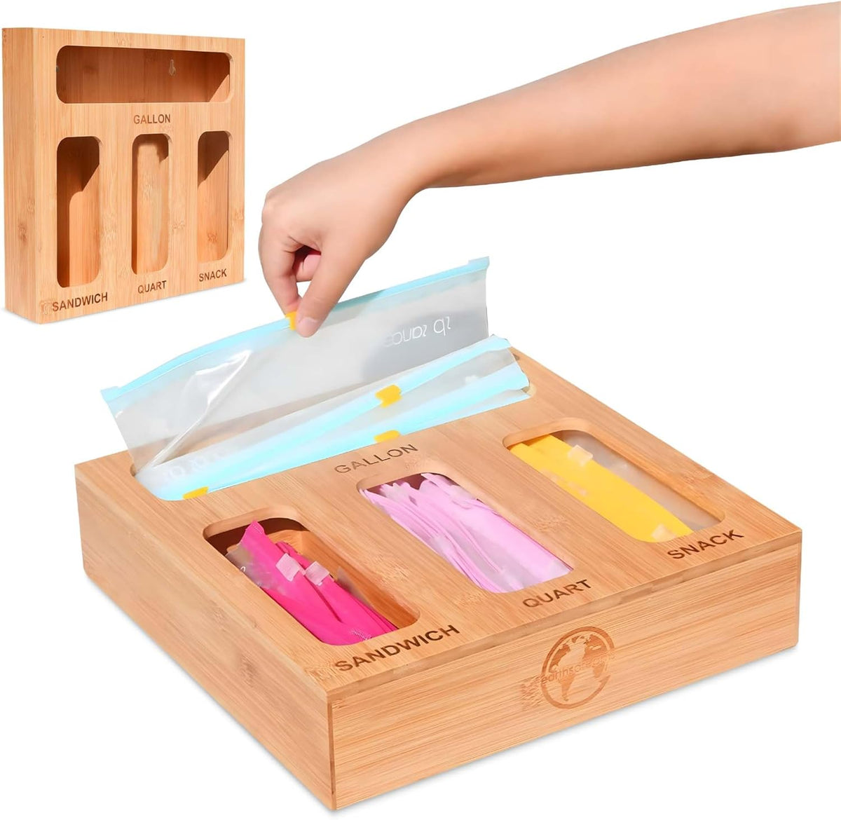 Earth’s Dreams Bamboo Kitchen Drawer Organizer – Resealable Food Storage Bag Holder for Gallon, Quart, Sandwich & Snack Sizes – Eco-Friendly Baggie Organizer for Plastic Storage Bags