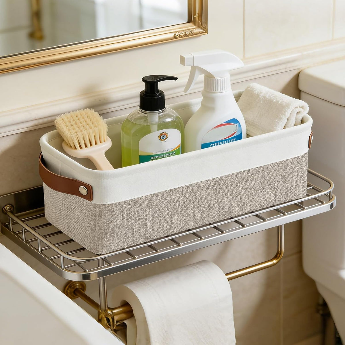 Bagnizer Large Fabric Storage Baskets | 50L Storage Bins, Decorative Linen Closet Baskets with Handles for Organizing, Shelf, Toys, Clothes, Home, Office, Nursery, 17x12x15Inches (Grey&White)