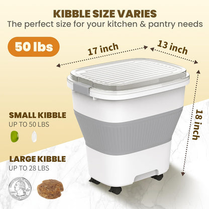 HOYTAMDAR 20-50Lbs Rice Container,Collapsible Food Storage Containers with Airtight Clear Lid,Wheels,Rice Storage Container with Small Bin and Scoop,Rice Dispenser for Flour Sugar Cereal Grain Dog Cat