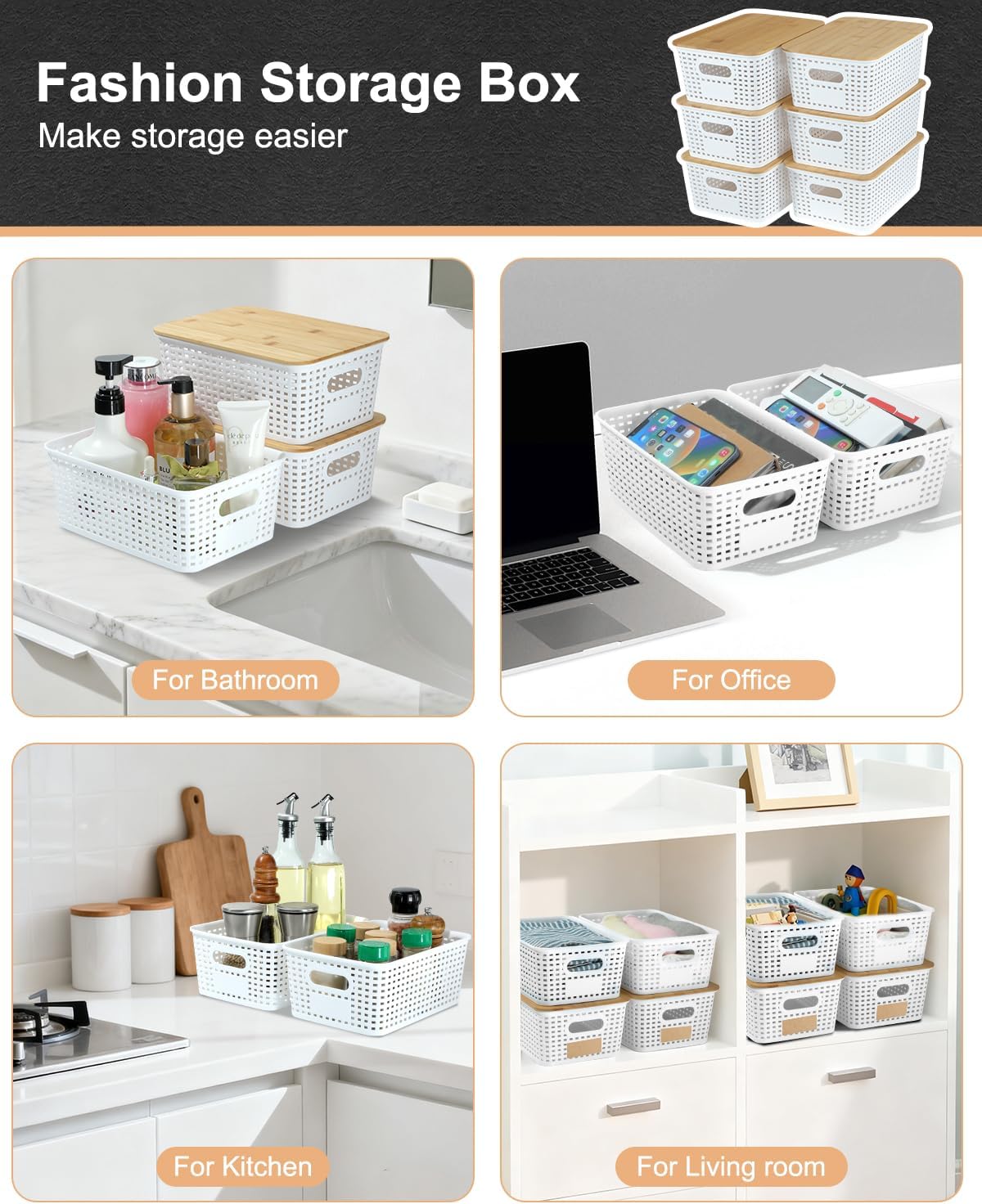 EOENVIVS Plastic Storage Baskets with Bamboo Lids for Pantry Organization and Storage Containers Bins for Shelves Drawers Desktop Closet Playroom Classroom Office Home, 6 Pack,White